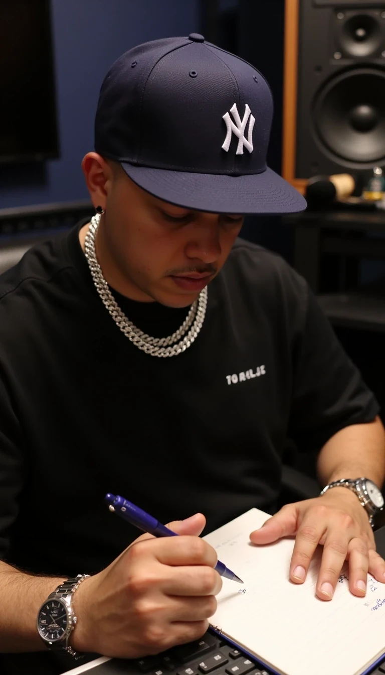 in a music studio, writing on notepad, hip-hop, chain on, white gold watch on left wrist, white gold bracelet on right wrist, white gold earrings stud both ears, wearing a navy blue NY fitted hat, 