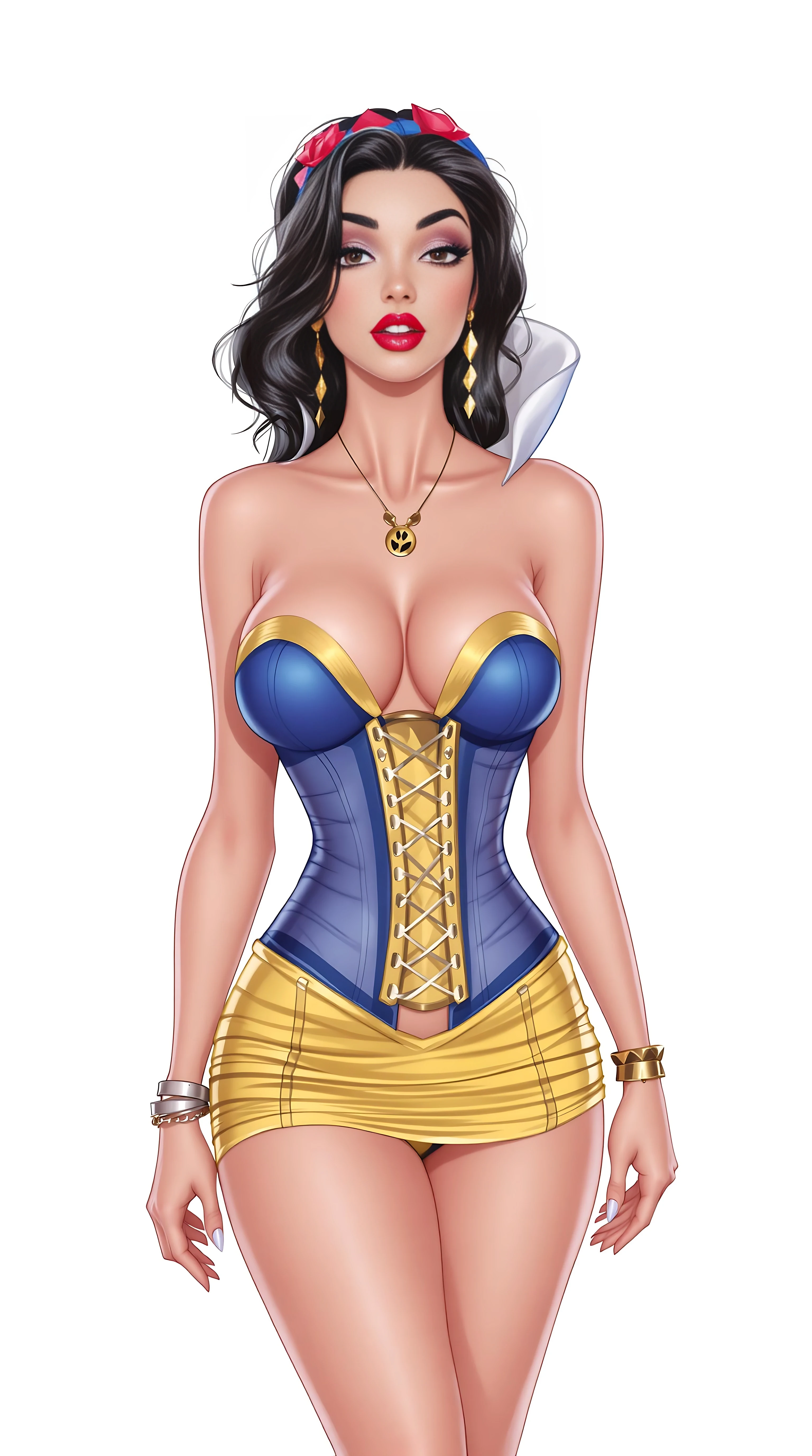 Digital ai art illustration, A modern Disney princess snow white, shes wearing a skin-tight strapless backless corset inspired-style top and a skin-tight short micro tube short skirt, gold armlet, cute bracelet, flat stomach, full ultra-glossy lips, super thin outfit fabric, disney princess snow white was spotted leaving a nightclub tonight, her heels with ankle straps giving her a sluty walk, name necklace, snow white is a baddie and she proved it tonight, 