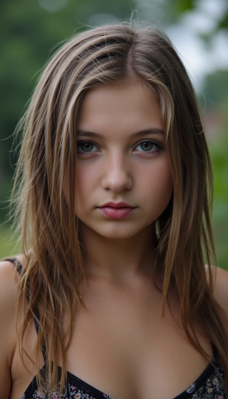 A pre teen petite emo model, cowboy emo aesthetic, in the rain. Hair: long blonde , dripping wet and clinging to her face. blue green eyes Expression: sultry and powerful, lips slightly parted, intense eye contact. Lighting: natural overcast storm light, raindrops on her skin, cinematic realism CSTMDL 