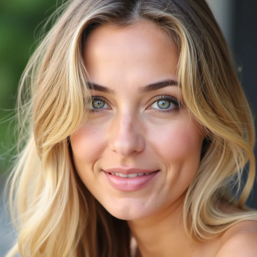 The woman’s face has clear, distinctive features. Her skin is fair and flawless, with a natural, healthy glow. She has high cheekbones that define her face, giving it an elegant structure. Her eyes are large and strikingly blue, creating a captivating contrast with her blonde hair. Her gaze is confident yet gentle, making her presence both strong and inviting.

Her lips are full and naturally tinted, adding a subtle hint of color that enhances her freshness. Her nose is straight and harmoniously fits her facial features. Her hair falls in long, glossy waves that frame her face and further highlight her features. Her smile is subtle yet charismatic, giving her face a warm, friendly aura.

Overall, her face exudes elegance, confidence, and natural beauty.




