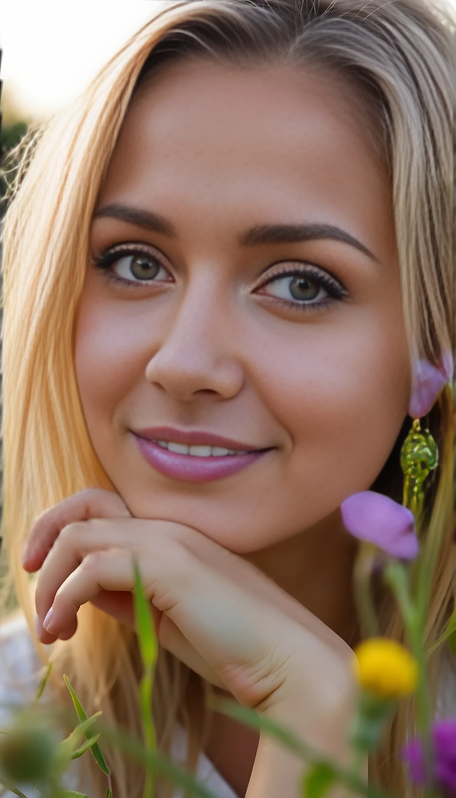 Main Prompt:
A close-up selfie of a platinum blonde woman resting her chin on her hand with a soft, thoughtful smile. Her green eyes shimmer gently as she gazes into the camera. Her long hair is slightly tousled, and golden-hour light creates a halo effect. A few wildflowers in the foreground create soft blur and dreamy depth. The mood is tender, grounded, and poetic.

Style Tags:
Photorealistic, golden-hour softness, introspective expression, romantic lens blur, flower field setting, peaceful presence.

Negative Prompts:
awkward hand position, chin warping, lighting glitches, blurry pupils, flower clipping issues, unnatural shadows, overexposed face