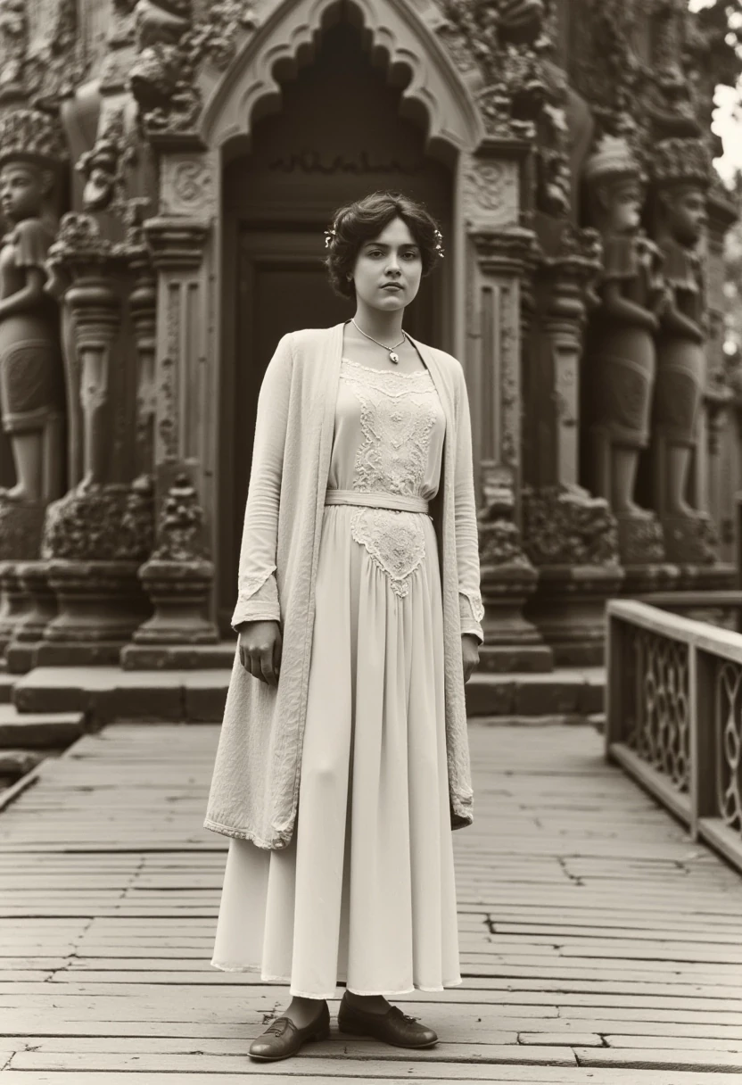 photo of a woman CSTMDL, beautiful, hair tied, stands confidently in front of an ancient Cambodian Khmer temple, wearing a vintage 1900 inspired, cream-colored dress with a long coat and lace neckband. She wears a small pendant. The photo is an old black and white type. her hands are gently crossed behind her back. The background features large stone statues and intricate carvings, evoking a sense of historical grandeur. The wooden walkway beneath her adds a touch of rustic charm to the scene.