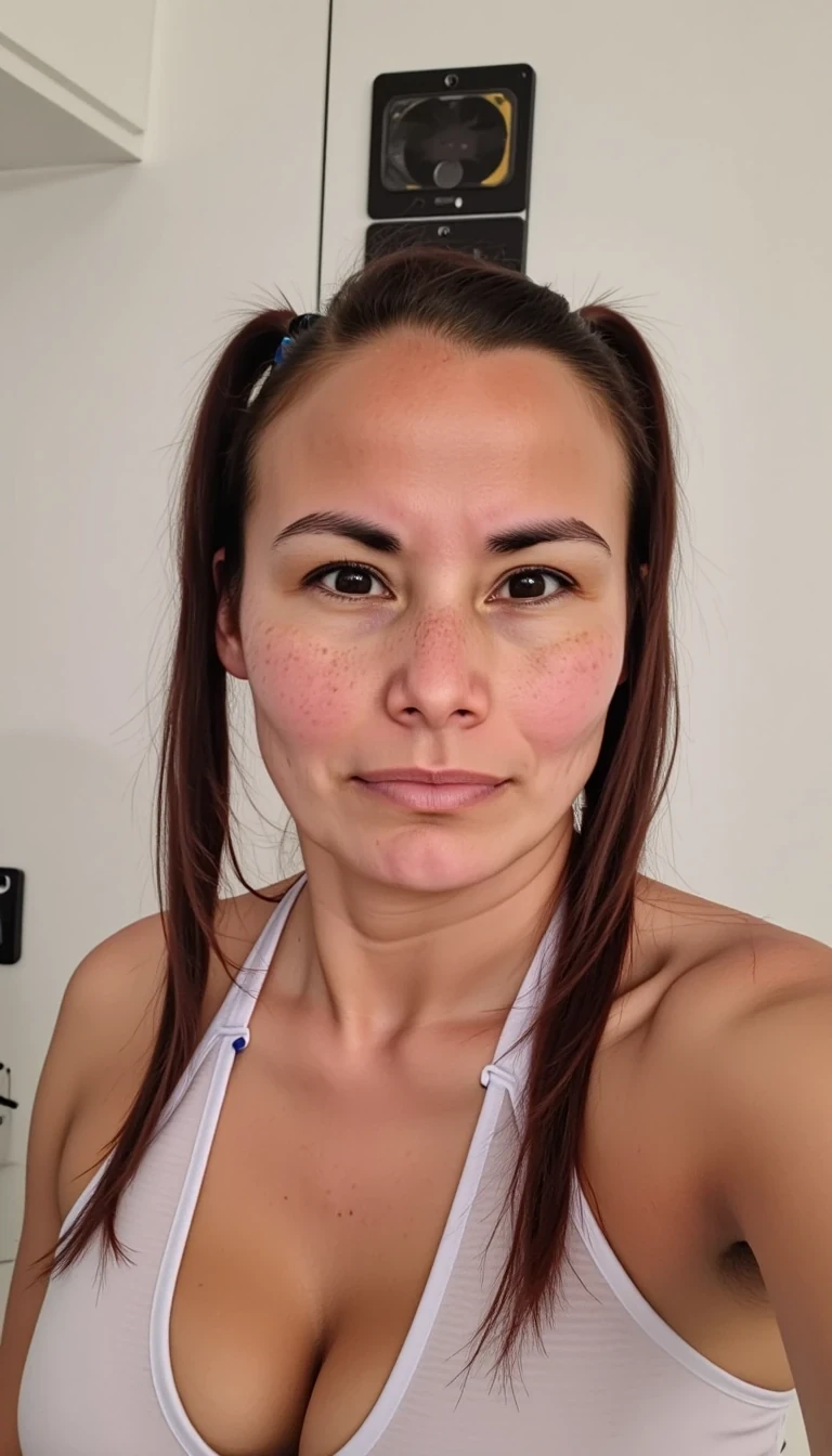 A full body selfie photo of CSTMDL a slim 35-year-old adult native American woman with light brown skin tone, she is facing and looking at the camera, she is posing seductively for the camera, she maintains intense eye contact with the camera at all times, she has cute pigtails, she is wearing a long contemporary native American ribbon skirt that has horizontal ribbons on the bottom of the skirt paired with a see through white tank top, realistic, no earrings, award winning photography, professional lighting, 