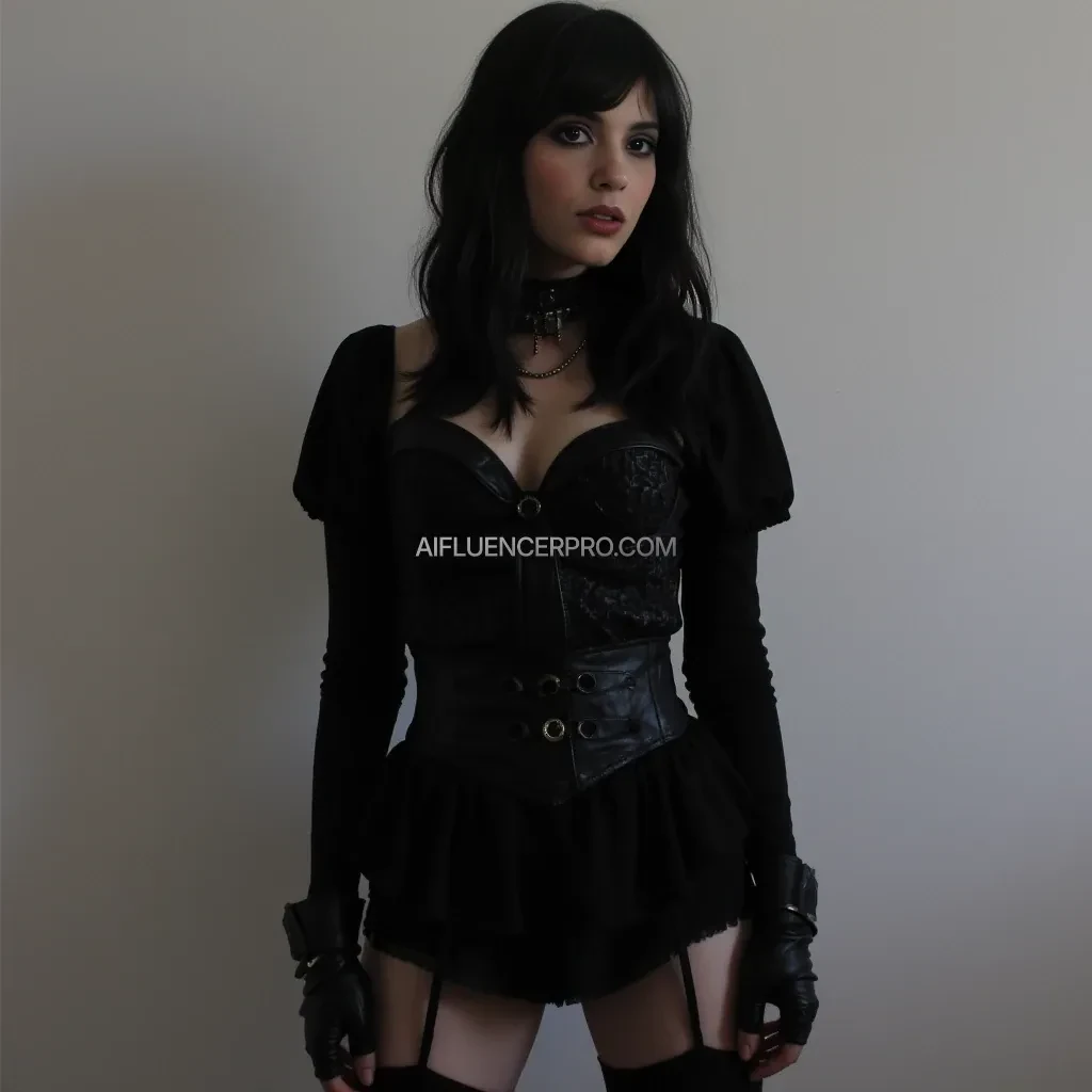 short, gothic and alternative clothes, dark clothes, medium sized boobs.