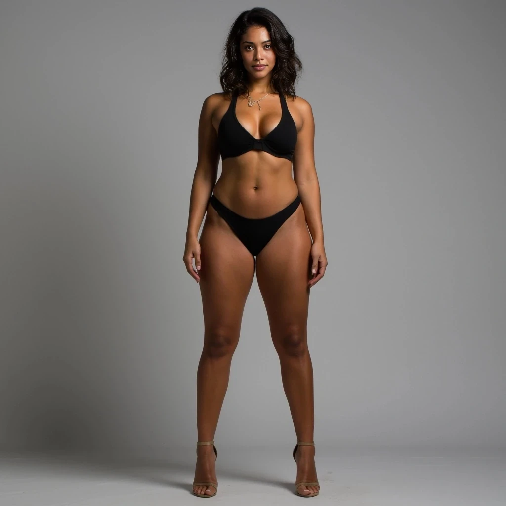 A tall, statuesque woman standing at 5'9 with a strikingly curvy and athletic figure. She has a strong, sculpted lower body with toned thighs, full hips, and a cinched waist that flows into a defined hourglass shape. Her posture radiates confidence and power. Her arms are lean and slightly muscular, hinting at her active lifestyle, while her legs are long, firm, and graceful. Every movement she makes reflects bold feminine energy — unapologetic, magnetic, and in control."