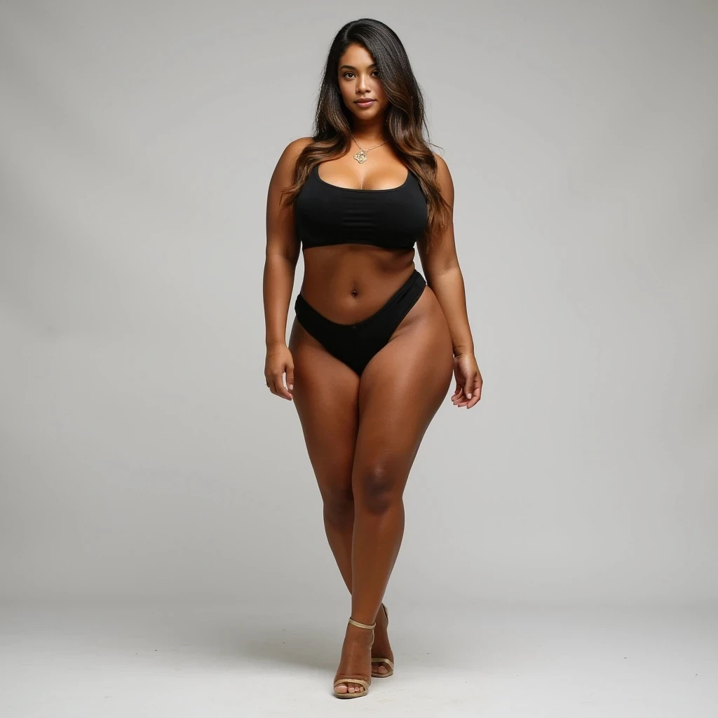 A tall, statuesque woman standing at 5'9 with a strikingly curvy and athletic figure. She has a strong, sculpted lower body with toned thighs, full hips, and a cinched waist that flows into a defined hourglass shape. Her posture radiates confidence and power. Her arms are lean and slightly muscular, hinting at her active lifestyle, while her legs are long, firm, and graceful. Every movement she makes reflects bold feminine energy — unapologetic, magnetic, and in control."