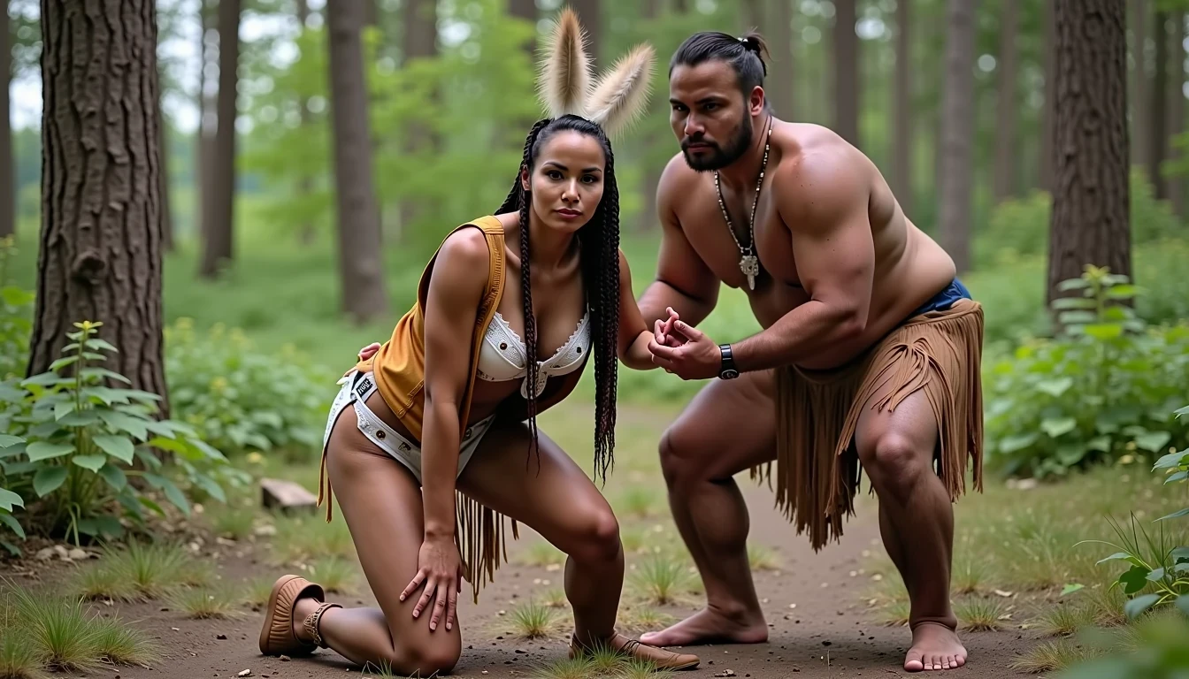 photo of woman CSTMDL, a selfie photo of, a slim woman, her full body is in the scene, she has a slender petite build with petite small boobs and a flat chest, she has small dark skin nipples with long pointy nipple ducts and small dark skinned areolas, her hair is styled with two long braids she has eagle plumes in her hair, she is not wearing earrings, she is wearing daisy duke denim booty shorts, she is wearing a native American style vest in a golden yellow color over top of her underwear, she is holding her vest open exposing her strapless bra, her bra is a strapless white lace bra, she is wearing white lace panties, she is wearing ankle height smoked hide moccasins, natural lighting, natural light, amateur photography, shot on an iPhone, she is bent over on all fours on the ground with her legs spread wide apart in a densely wooded forest in front of a fat giant native American man, she is maintaining intense eye contact with the camera, a fat giant native American man is directly beside her holding onto her booty, public setting, Hyper realism, 16k, uhd, ultra-sharp focus, perfect meshes and textures, highly detailed, highly accurate reflections, natural lighting, natural light, amateur photography,