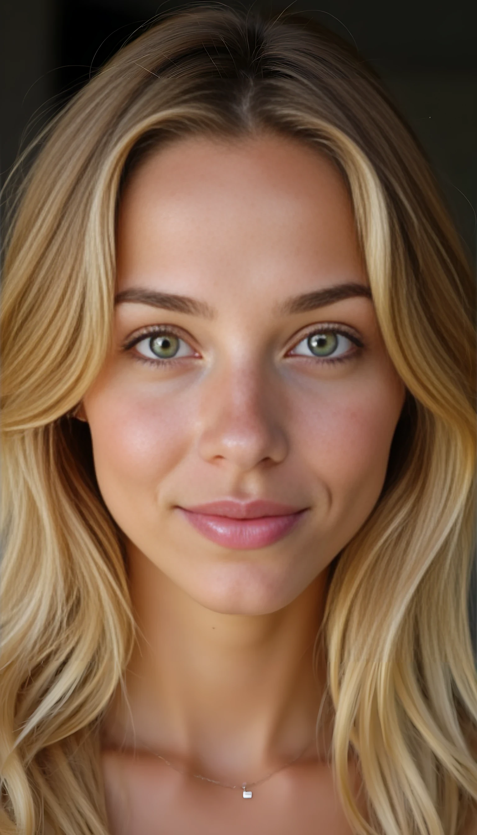 A portrait photo of a beautiful 21 years old model, mixed ethnicity of half white American half Brazilian, with golden blonde hair, hazel green eyes, ultra detailed eyes with sharp iris reflections, slight smile, studio-quality, extremely realistic HD