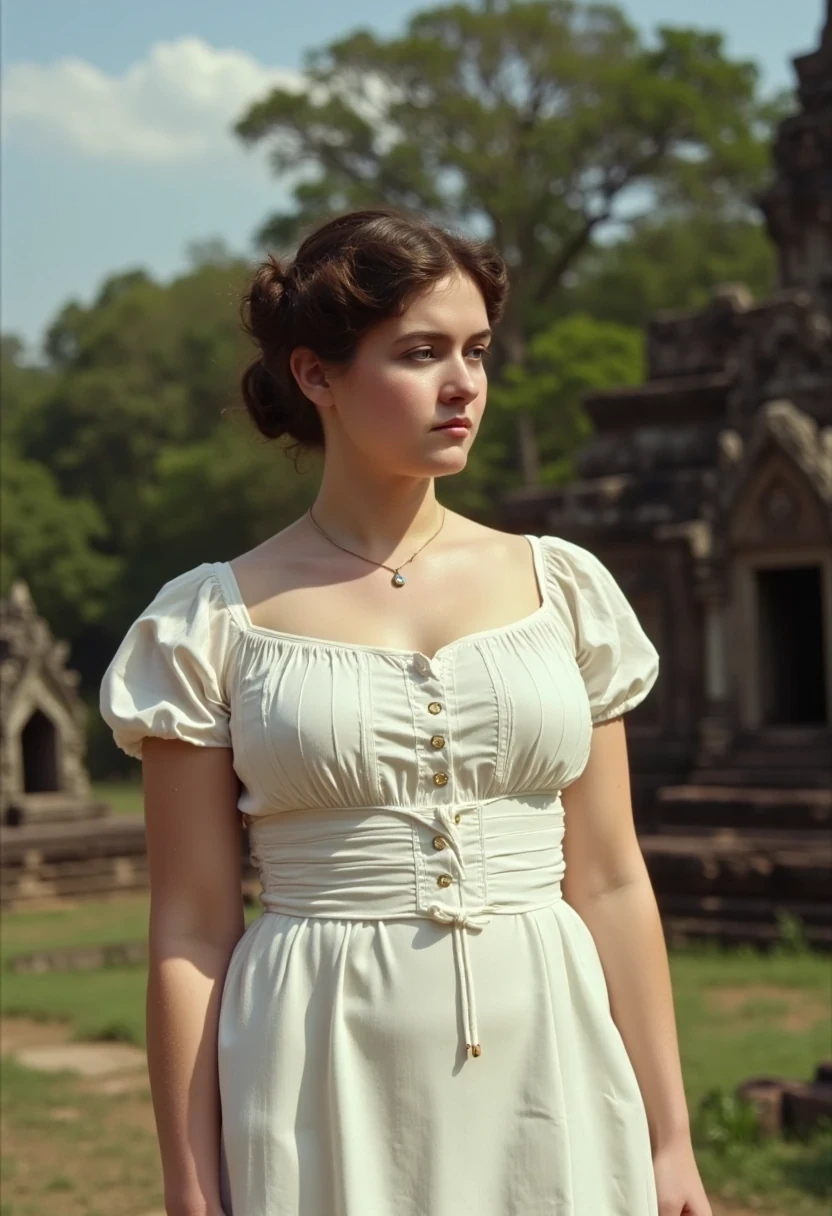 Medium shot of woman CSTMDL, brunette, small pendant, no watch, no ring, hair tied, blue eyes, vintage early 1900 white dress. Her dress is pride and covering her shoulders and most of her body.
She’s working as an archaeologist at Angkor temple. Khmer ruins in the jungle are in the background 