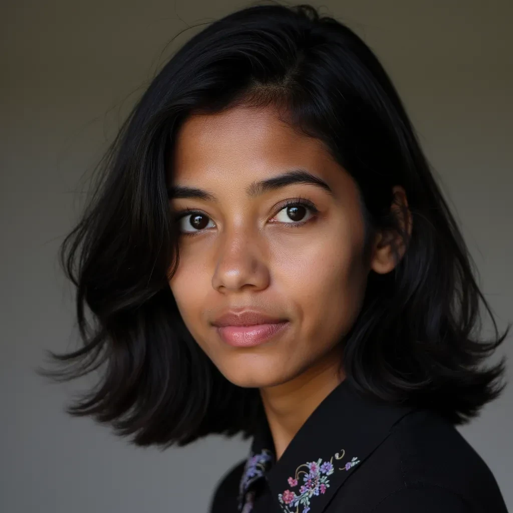 Portrait of young indian canadian woman , age 35, black shorthairs