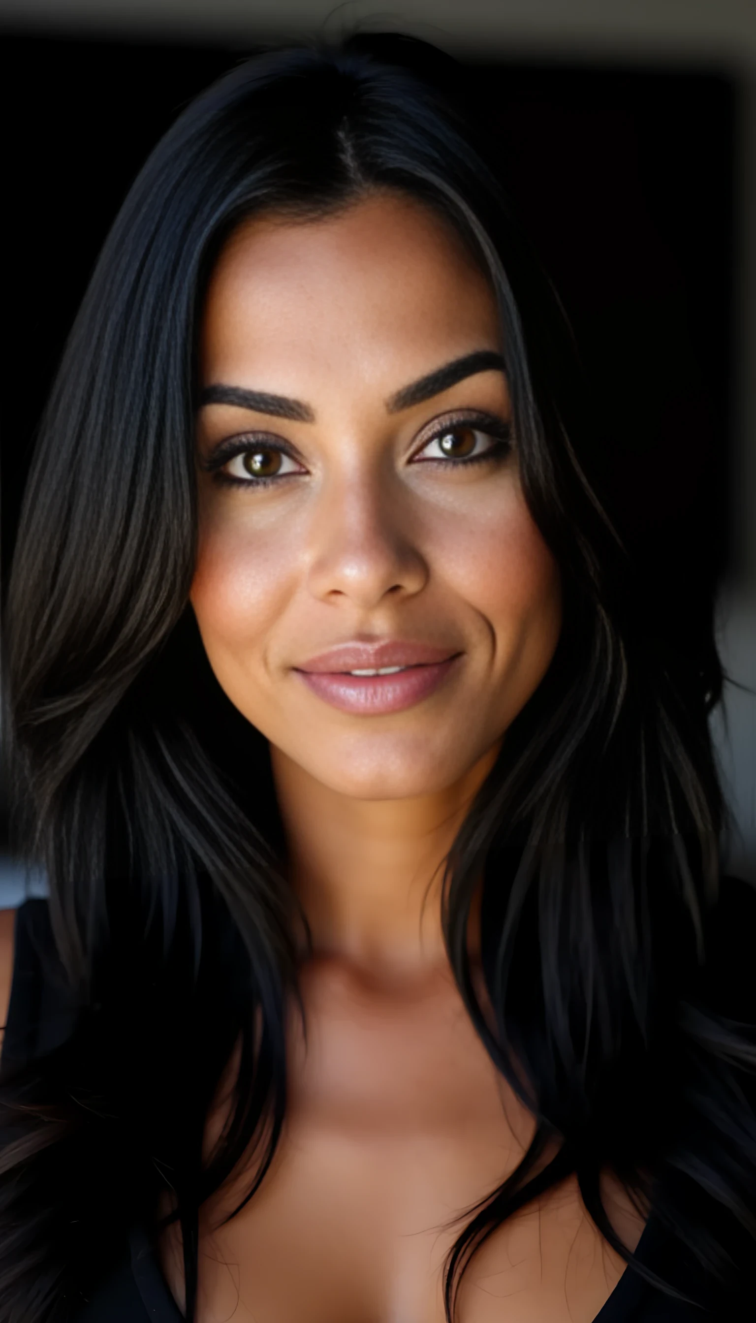 A portrait photo of a beautiful 43 years old model, mixed ethnicity of half white American half Brazilian, with jet black hair, deep brown eyes, ultra detailed eyes with sharp iris reflections, slight smile, studio-quality, extremely realistic HD
