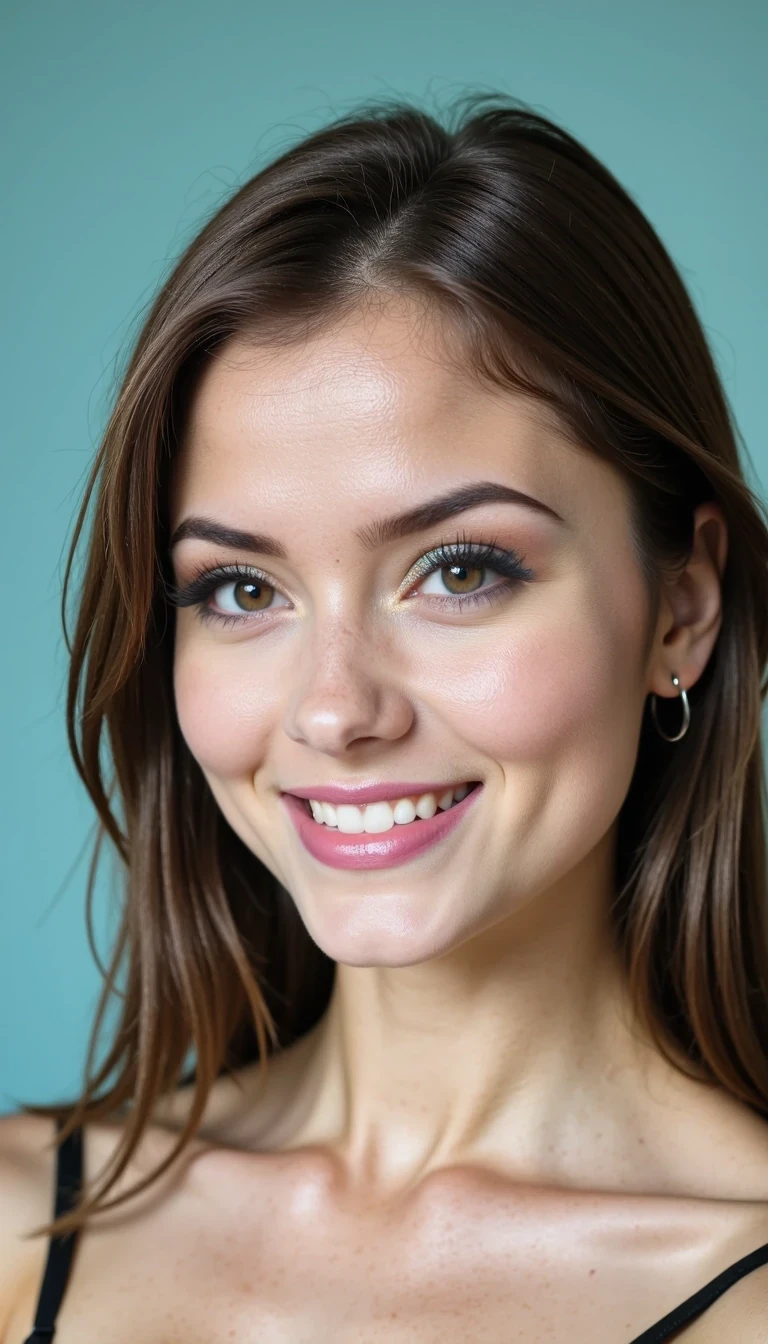Amateur super close up photograph of CSTMDL beautiful 18 year old girl face, makeup is done to perfection. She has a beautiful face, a great smile, perfect butt, brown eyes, brown hair, medium D-cup natural breasts, shaved and smooth underarms, smooth non-muscular stomach, slight brown pubic hair. She has a radiant smile, showing her teeth, and her eyes are bright and expressive. Her makeup is bold and colorful, with glittery eyeshadow in shades of blue and silver, and thick, dark eyeliner accentuating her eyes. She also wears a small, silver nose stud. The background is a solid, muted turquoise, which contrasts nicely with her skin and hair, making her the focal point of the image. She is wearing a sleeveless top, and her earrings are simple, silver hoops. The lighting is soft and even, highlighting her features without casting harsh shadows. The overall mood of the image is youthful and playful, with a touch of glamour.