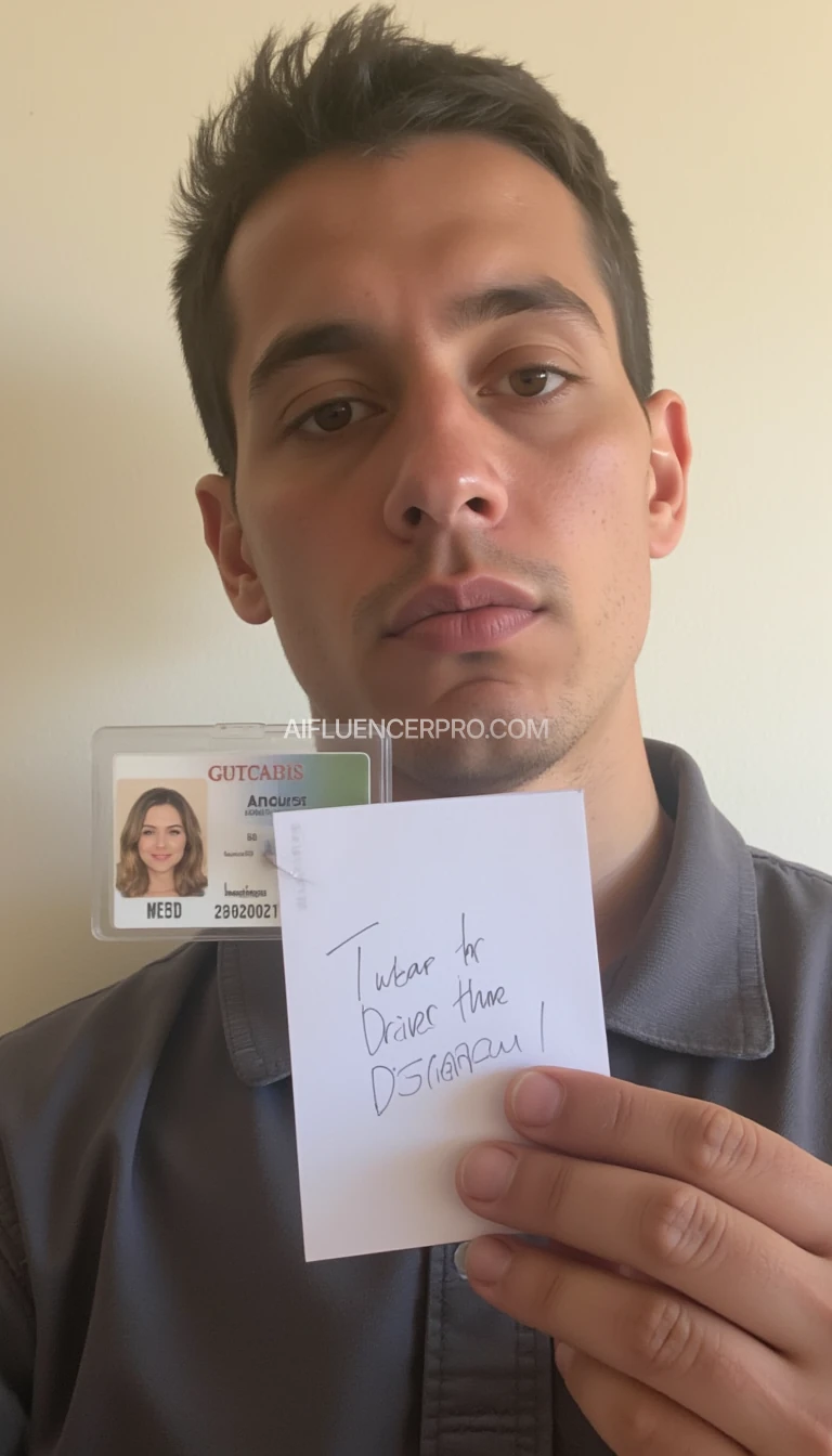 photo of man CSTMDL, holding driver license id and piece of white paper behind it, wall background, natural lighting, boring low quality snapchat photo circa 2015, selfie, cute woman