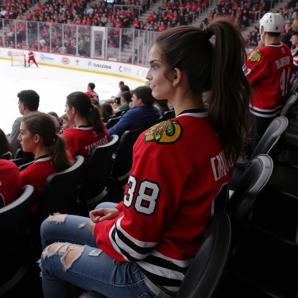 A full-body hyperrealistic image of a confident alternative woman with an athletic, toned body and soft curves. She’s wearing a hockey jersey for chicago blackhawks, frayed denim jeans. Her hair is in a high piny tail. She sits on the edge of her seat at a very intense moment looking away from the camera towards the action on the ice, she is in a sold out hockey crowd for a very important game in chicago.  The crowd will be home team orientated for chicago blackhawks of the nhl, very excited and involved in the game.  The image should look photorealistic with perfect proportions, smooth lighting, and natural skin texture. make her jersey have no number but make sure it has all accurate emblems.  no name or number just basic team jersey.. Her hair is dark in color and wavy to match previous versions of Vex

no extra limbs, no poor lighting, no unrealistic textures, no bad proportions, no cartoon style, no missing fingers, no distorted anatomy, no wide-angle lens, no fantasy style