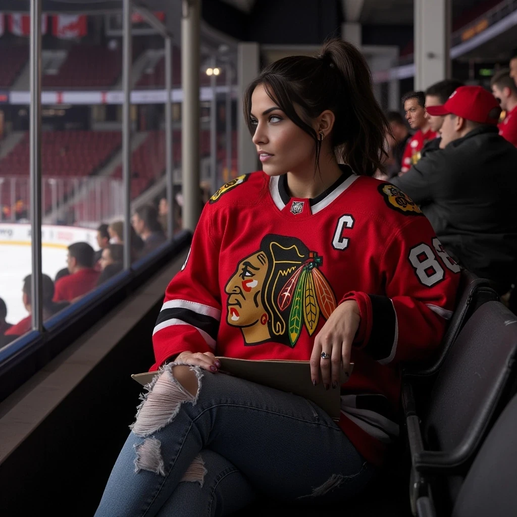 A full-body hyperrealistic image of a confident alternative woman with an athletic, toned body and soft curves. She’s wearing a hockey jersey for chicago blackhawks, frayed denim jeans. Her hair is in a high piny tail. She sits on the edge of her seat at a very intense moment looking away from the camera towards the action on the ice, she is in a sold out hockey crowd for a very important game in chicago.  The crowd will be home team orientated for chicago blackhawks of the nhl, very excited and involved in the game.  The image should look photorealistic with perfect proportions, smooth lighting, and natural skin texture. make her jersey have no number but make sure it has all accurate emblems.  no name or number just basic team jersey.. Her hair is dark in color and wavy to match previous versions of Vex

no extra limbs, no poor lighting, no unrealistic textures, no bad proportions, no cartoon style, no missing fingers, no distorted anatomy, no wide-angle lens, no fantasy style