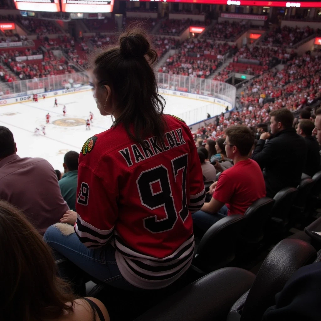 A full-body hyperrealistic image of a confident alternative woman with an athletic, toned body and soft curves. She’s wearing a hockey jersey for chicago blackhawks, frayed denim jeans. Her hair is in a high piny tail. She sits on the edge of her seat at a very intense moment looking away from the camera towards the action on the ice, she is in a sold out hockey crowd for a very important game in chicago.  The crowd will be home team orientated for chicago blackhawks of the nhl, very excited and involved in the game.  The image should look photorealistic with perfect proportions, smooth lighting, and natural skin texture. make her jersey have no number but make sure it has all accurate emblems.  no name or number just basic team jersey.. Her hair is dark in color and wavy to match previous versions of Vex

no extra limbs, no poor lighting, no unrealistic textures, no bad proportions, no cartoon style, no missing fingers, no distorted anatomy, no wide-angle lens, no fantasy style