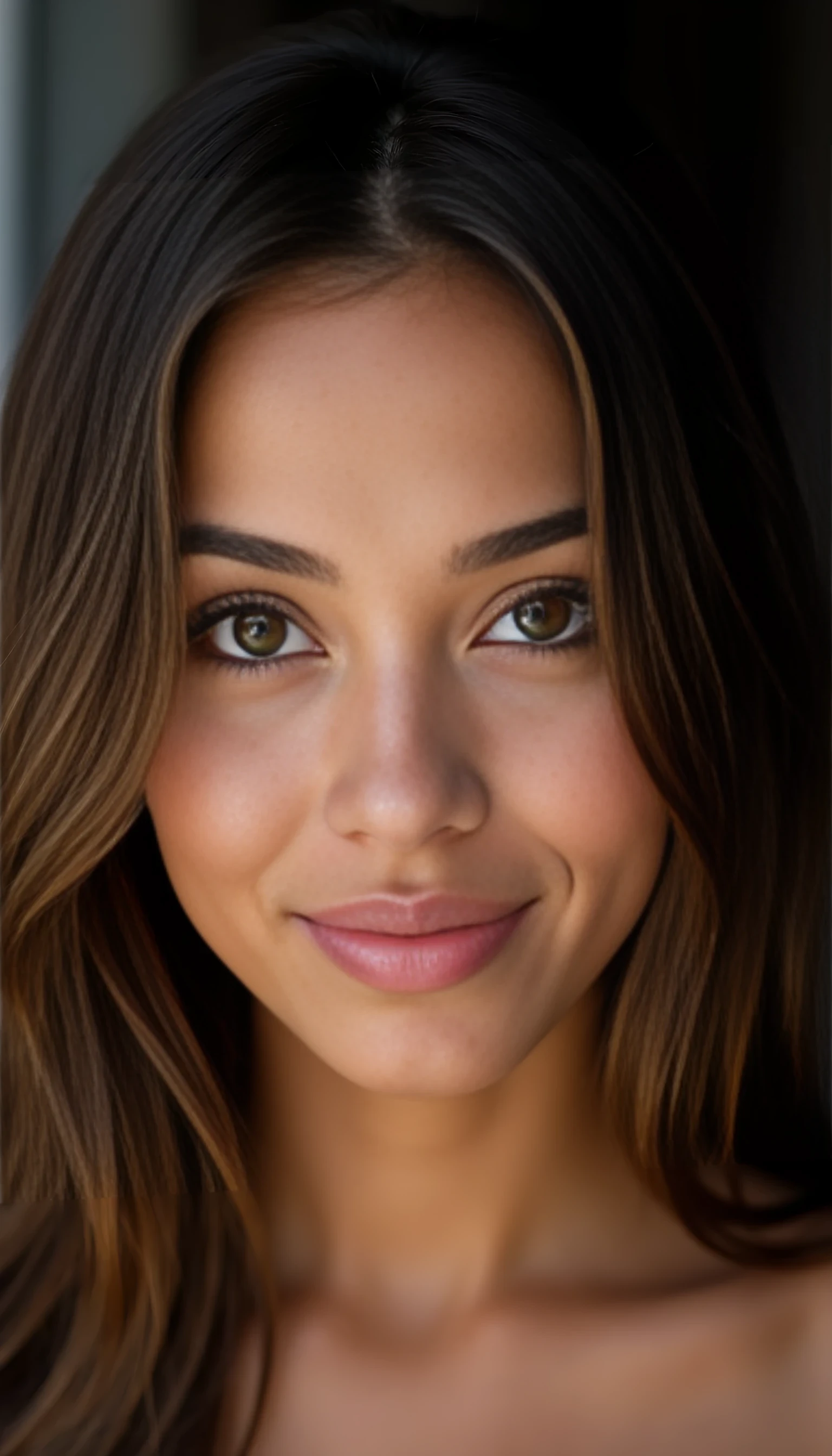 A studio-quality portrait photo full face of a beautiful 21 years old model, mixed ethnicity of half white American half Brazilian, with brunette hair, ultra detailed eyes with sharp iris reflections, slight smile