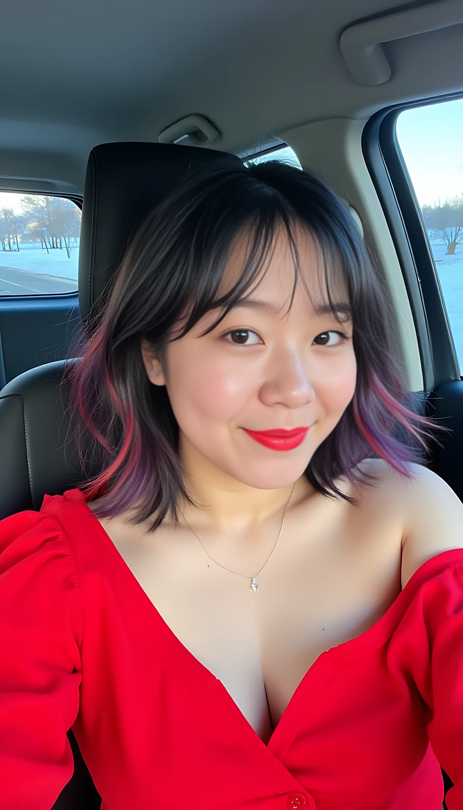 boring low quality snapchat photo circa 2015, A korean woman with a warm smile, she wear red crop top with on shoulder drop, cleavage, red lipstic and   nose pin, sitting in the side seat of a cozy car. She has short, wavy black with red and purple lines hairs.  The interior of the car is neat and comfortable. The background outside the window shows a snowy road lined with maple trees and blue skies
