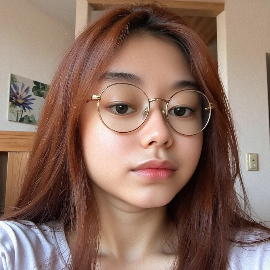 mirror selfie using a phone, cute young woman CSTMDL, petite, asian, half body, in front of a mirror, round glasses, dark red hair, shoulder length, inside bedroom, minimal makeup, eyeliner