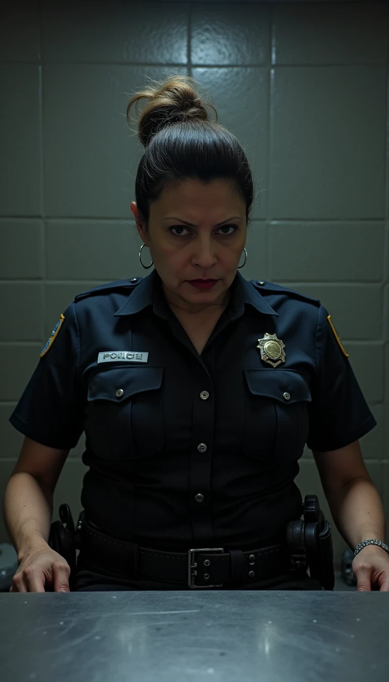 photo of woman CSTMDL, boring low quality snapchat photo circa 2015, a thin woman police officer sitting in an interrogation room with a stern expression and large breasts. The room is dimly lit, with a cold, industrial atmosphere. There is a metal table in front of her, reflecting some of the light. The woman officer is wearing modern police outfit with her breasts bulging and police tactical belt and has a serious yet composed demeanor. The camera flash is on, casting a dramatic shadow behind her against the plain walls. The sharp lighting creates high contrast, accentuating her huge breasts and the details of her uniform. The scene feels tense and focused, capturing the intensity of the moment