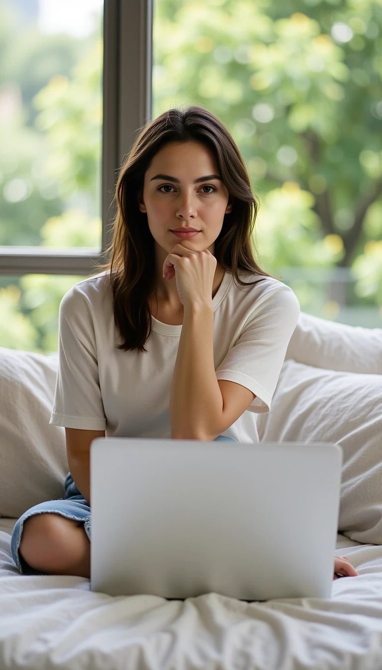 Close-up of woman sitting on a bed with laptop, knees pulled up, light bedsheets and greenery in the background, focused expression, CSTMDL woman