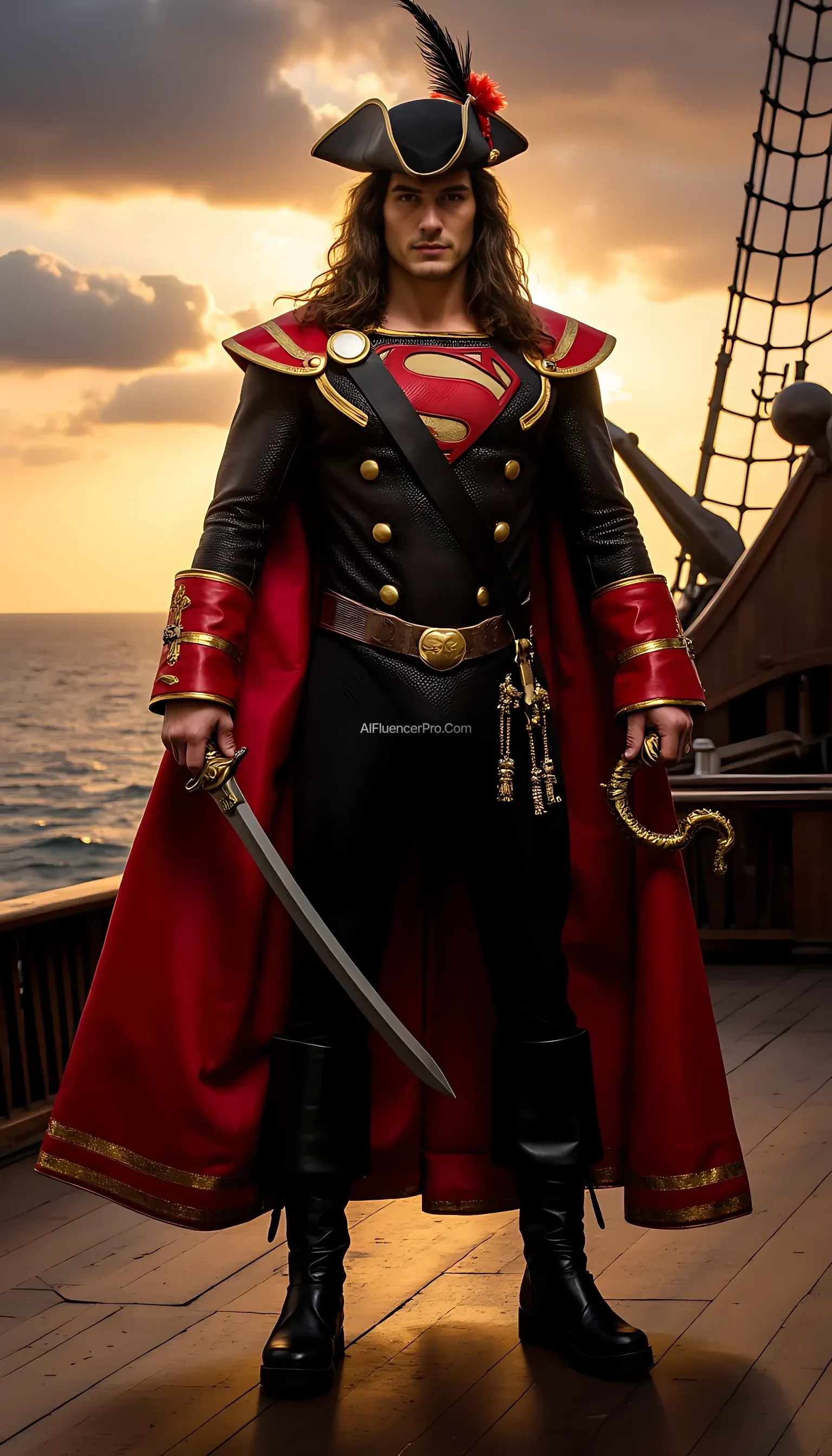 Photorealistic Superman wearing a Captain Hook-inspired outfit. He dons a regal red pirate coat with gold trim, black pants, tall leather boots, and a wide-brimmed pirate hat adorned with a majestic feather. The iconic "S" emblem is prominently displayed on his chest, seamlessly integrated into the pirate design. His right hand holds an elegant golden sword, while his left hand features a shiny hook, blending his superhero identity with the pirate theme. The background features the deck of a grand pirate ship at sunset, with dramatic clouds and a glowing horizon, creating a cinematic and epic atmosphere.