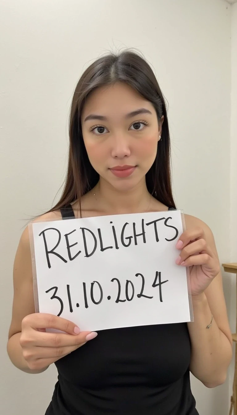 photo of woman CSTMDL,  woman holds a sign with handwritten text. She is wearing a black sleeveless top and has neutral makeup. The sign reads "REDLIGHTS" followed by "31/10/2024" in a simple script. The background is a plain, light-colored wall, providing a minimalist and uncluttered setting.