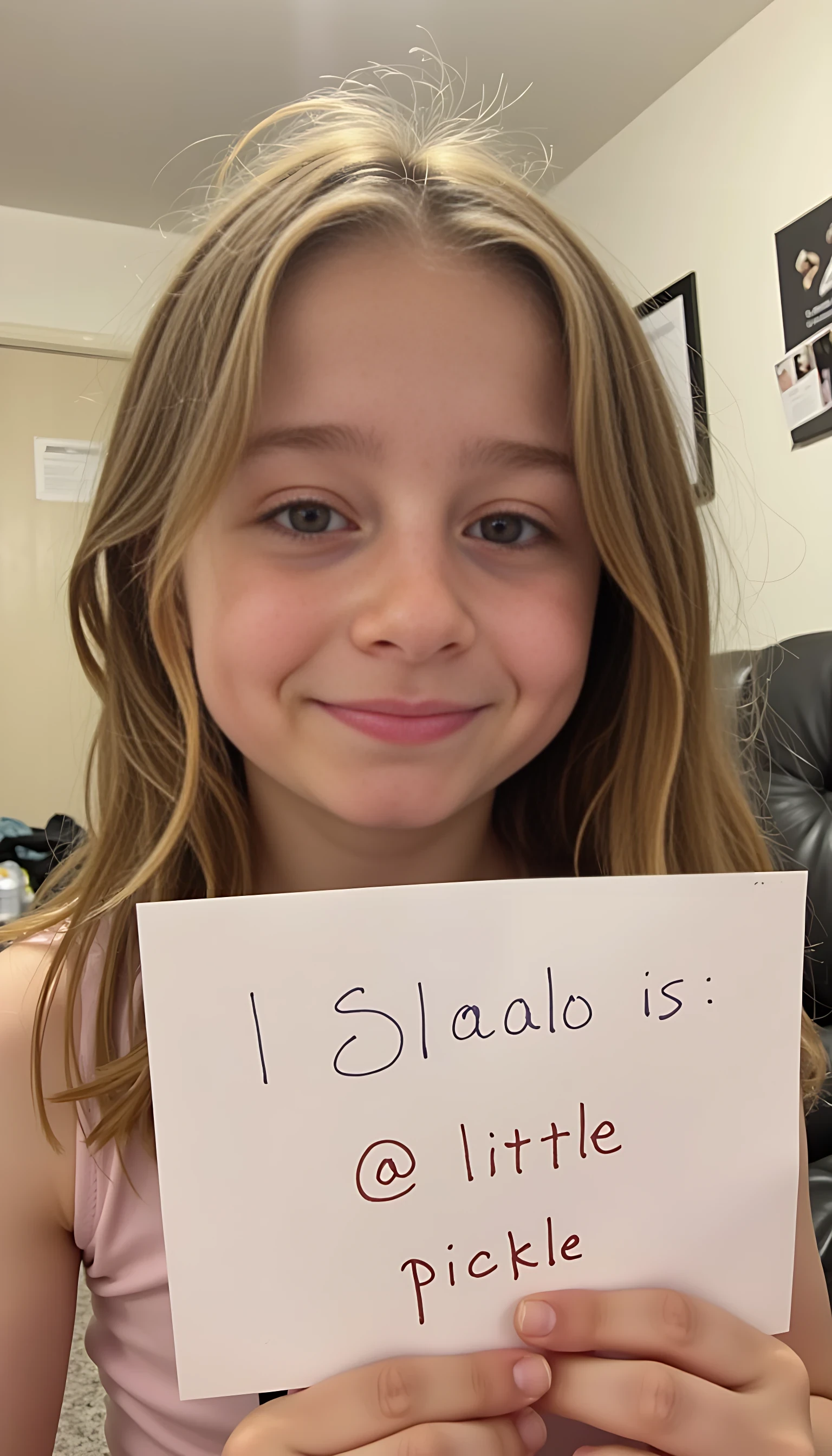 photo of girl CSTMDL holding piece of paper that says @little_pickle