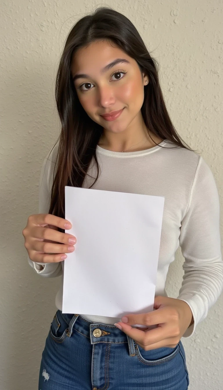 photo of woman CSTMDL, low quality photo, holding a piece of white paper with her fingers, realistic photo, long sleeve clothes, upper body photo, wall background