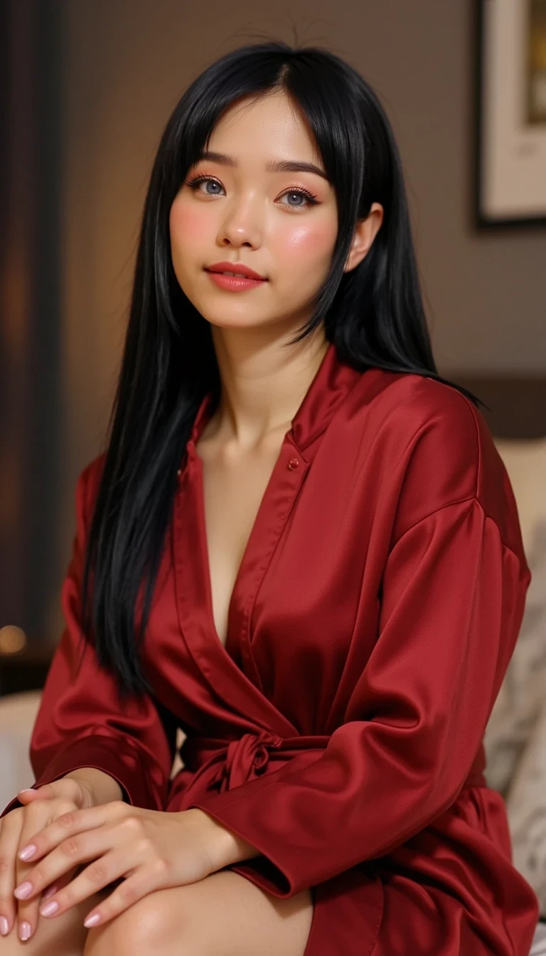 iphone selfie portrait of CSTMDL woman selfie in a dimly lit bedroom, sitting on the edge of her bed in a red satin robe that's casually tied with one shoulder more exposed than the other, smiling at the camera