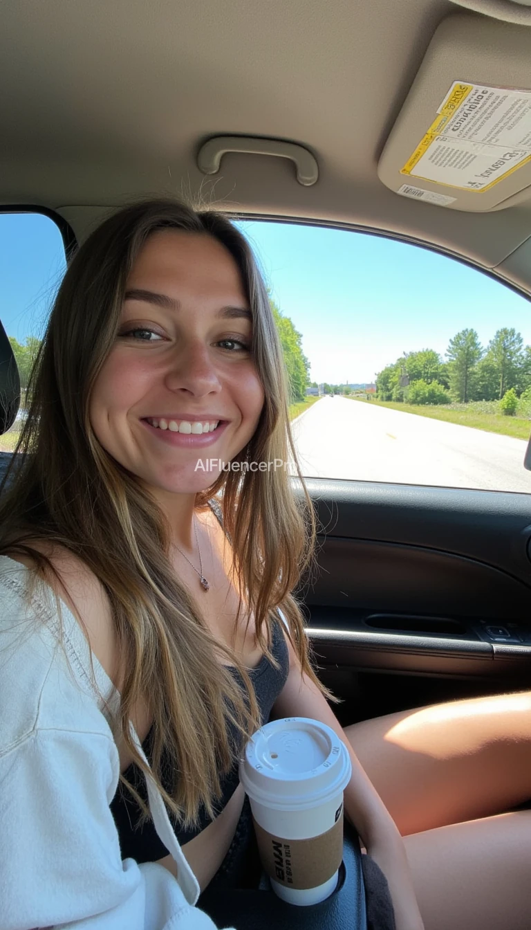 boring low quality snapchat photo circa 2015, A young woman with a warm smile, sitting in the driver's seat of a cozy car. She has soft, wavy brown hair cascading past her shoulders. She has a tank top barely covering her nipples. The sunlight streams through the window, casting a gentle glow on her face. The interior of the car is neat and comfortable, with a coffee cup in the cup holder and a small plant on the dashboard. The background outside the window shows a scenic road lined with trees and blue skies. 