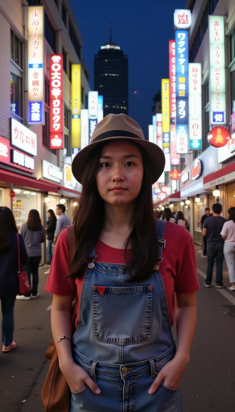 CSTMDL  boring low quality snapchat photo circa 2015, A candid photo of a young college girl standing in a busy street in Tokyo at dusk. She's wearing stylish, modern denim overalls and a casual hat, blending urban fashion with a touch of retro style. Neon signs light up the background, reflecting off the glass storefronts and creating a vibrant, colorful atmosphere typical of Shibuya or Shinjuku. People are passing by, and there's a sense of hustle and bustle around her. The light from the streetlamps and shop signs casts a soft glow across her face, while the city's iconic skyscrapers loom in the background. The ambiance is energetic and urban, evoking the fast-paced rhythm of life in Tokyo.