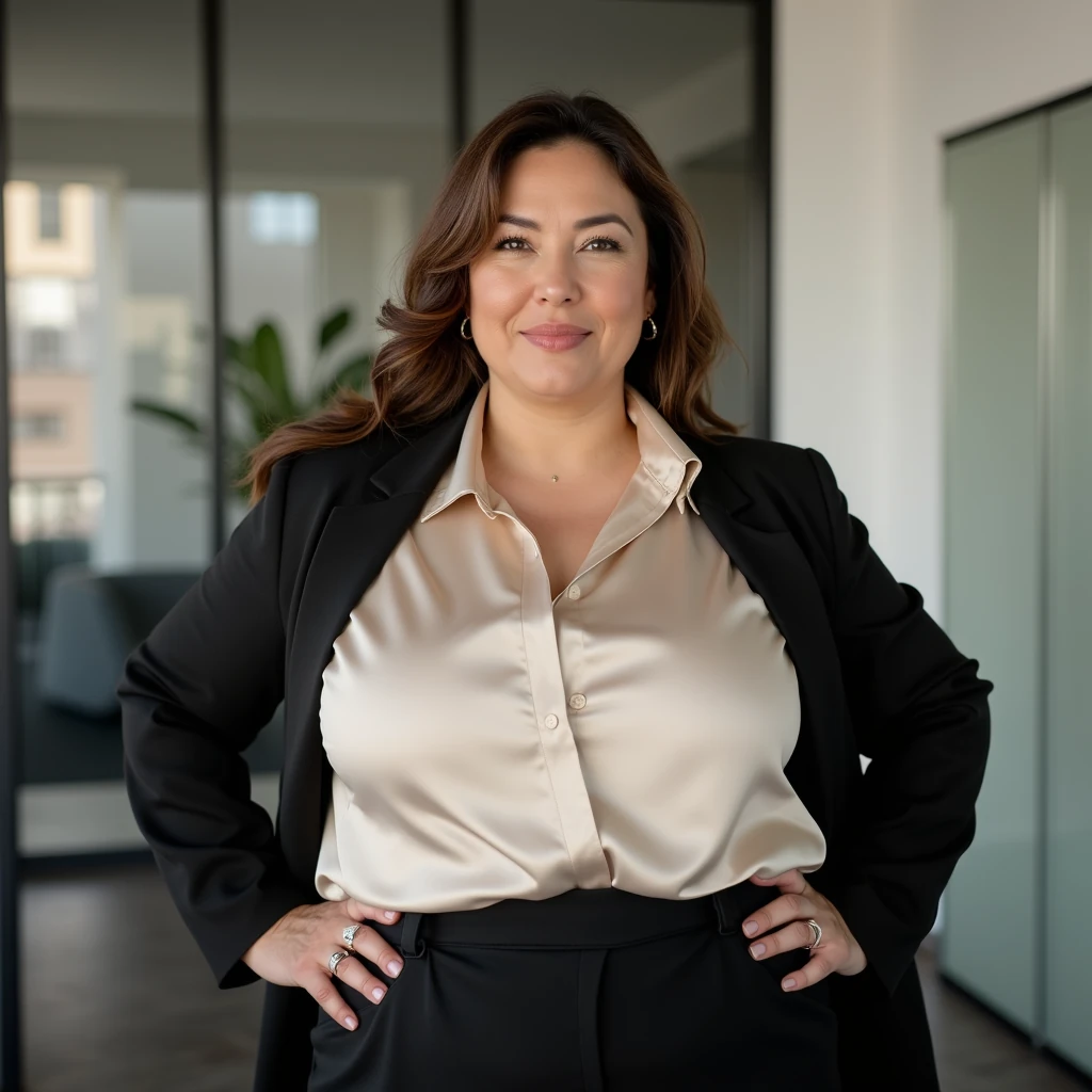 score_9, photorealistic half-body portrait of a mature woman, unnaturally extremly large bust (hyper bust, L–M cup), with chubby hourglass body, fuller face with rounded cheeks, wearing a fitted silk blouse and blazer, modern office background