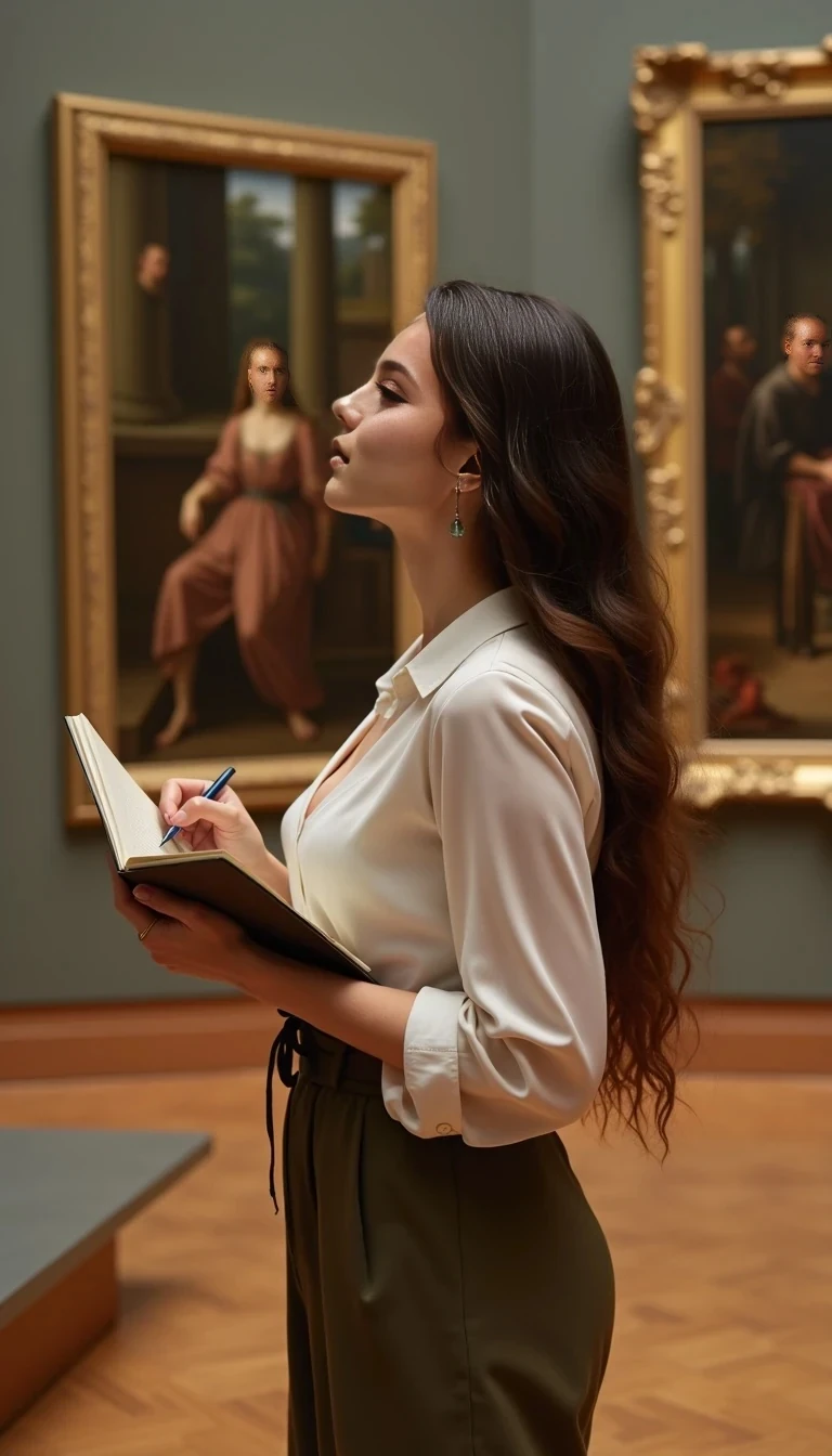 Young European woman with long brown hairs and big boobs, exploring an art gallery filled with Renaissance paintings, clad in a chic blouse with a gentle décolleté and wide-leg trousers, pausing to contemplate a masterpiece with a notebook in hand, capturing a moment of artistic inspiration and poise.
