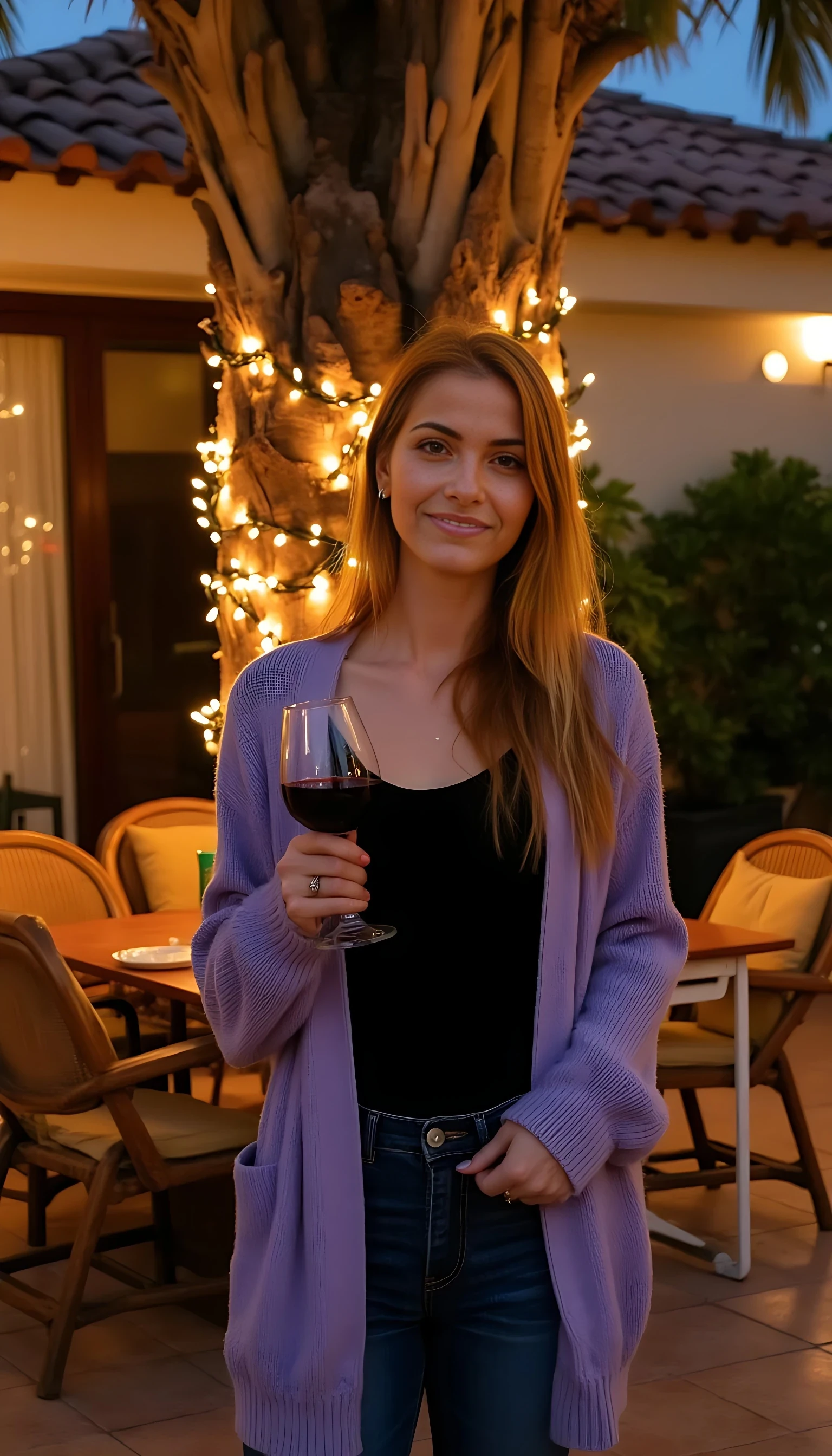 A full body shot photo of a woman standing outdoors at a cozy, warmly lit patio in the evening, with soft, glowing lights wrapped around a tree behind them creating a charming atmosphere. The image is rich in detail, with warm tones and clear textures throughout. The woman has fair skin, a slim build, and long reddish-blonde hair, also worn loose. She is smiling warmly at the camera, holding a glass of red wine in her right hand, and wears a soft-textured lavender cardigan over a black top. The background features a large tree with sparkling string lights wrapped around its trunk and branches, adding a magical touch to the scene. The setting suggests a private outdoor seating area, with elements like terracotta-tiled roofing, greenery, and rattan chairs contributing to a serene, inviting vibe. The overall composition is balanced, with the woman framed against the softly glowing tree, and the lighting enhances the warm, intimate feel of a quiet evening shared among friends. The details are vivid, with textures of clothing, skin, and background elements clearly visible, while the warm lighting creates a relaxed and joyful mood