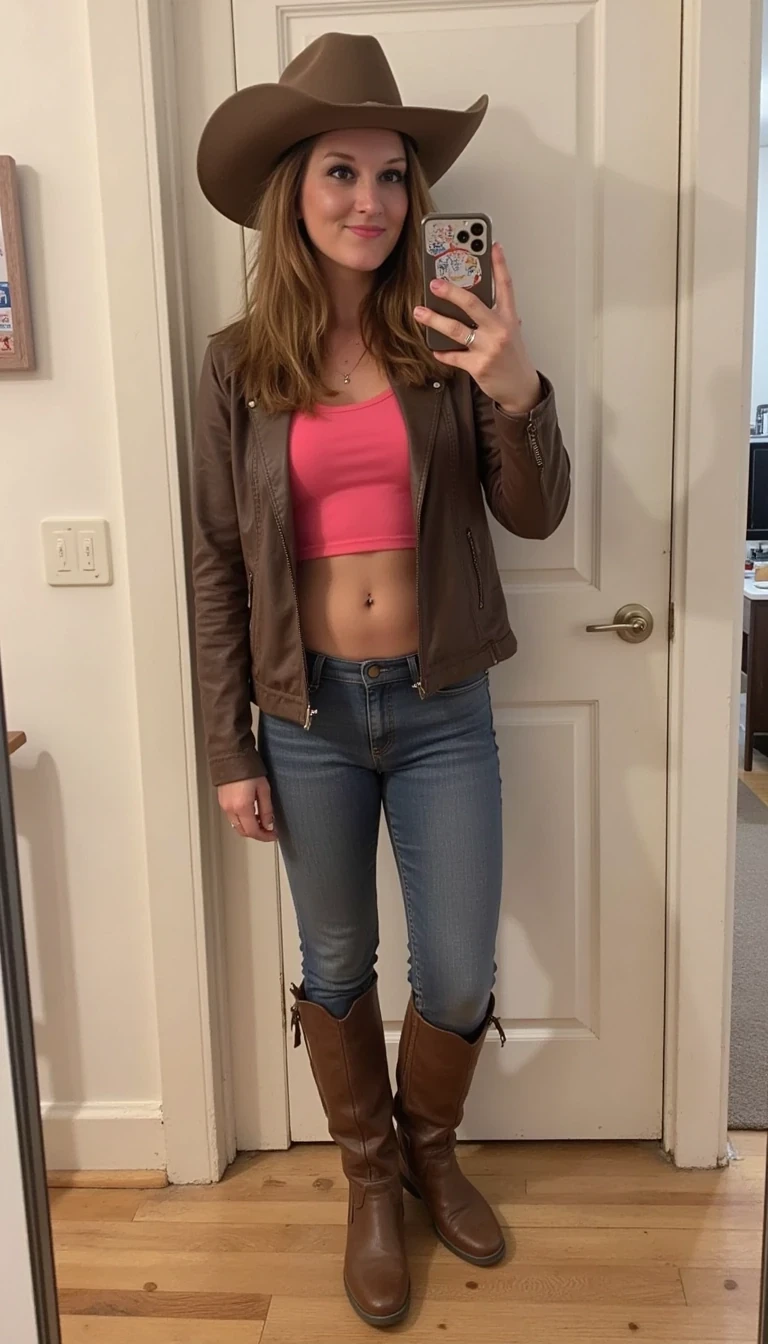 Woman taking a selfie dressed like a cowgirl

