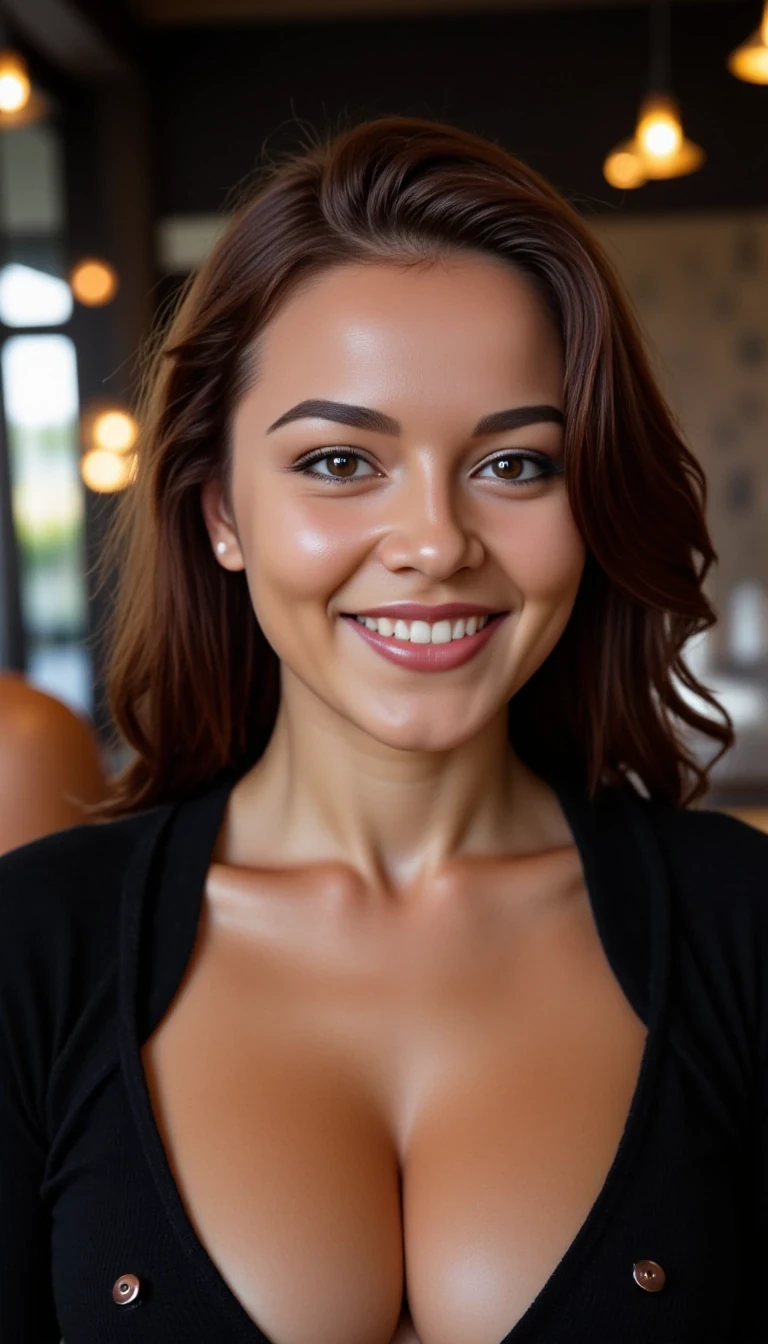 iphone portrait of CSTMDL woman at A bar with a big smile