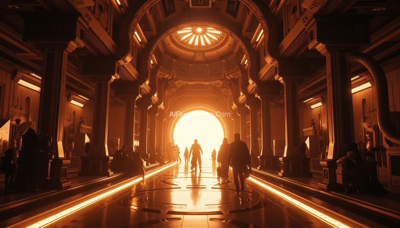 A first-person POV cinematic animation of a opulent space settlement glowing. people move gracefully in the background, attending to space duties. The camera slowly moves toward the grand entrance.