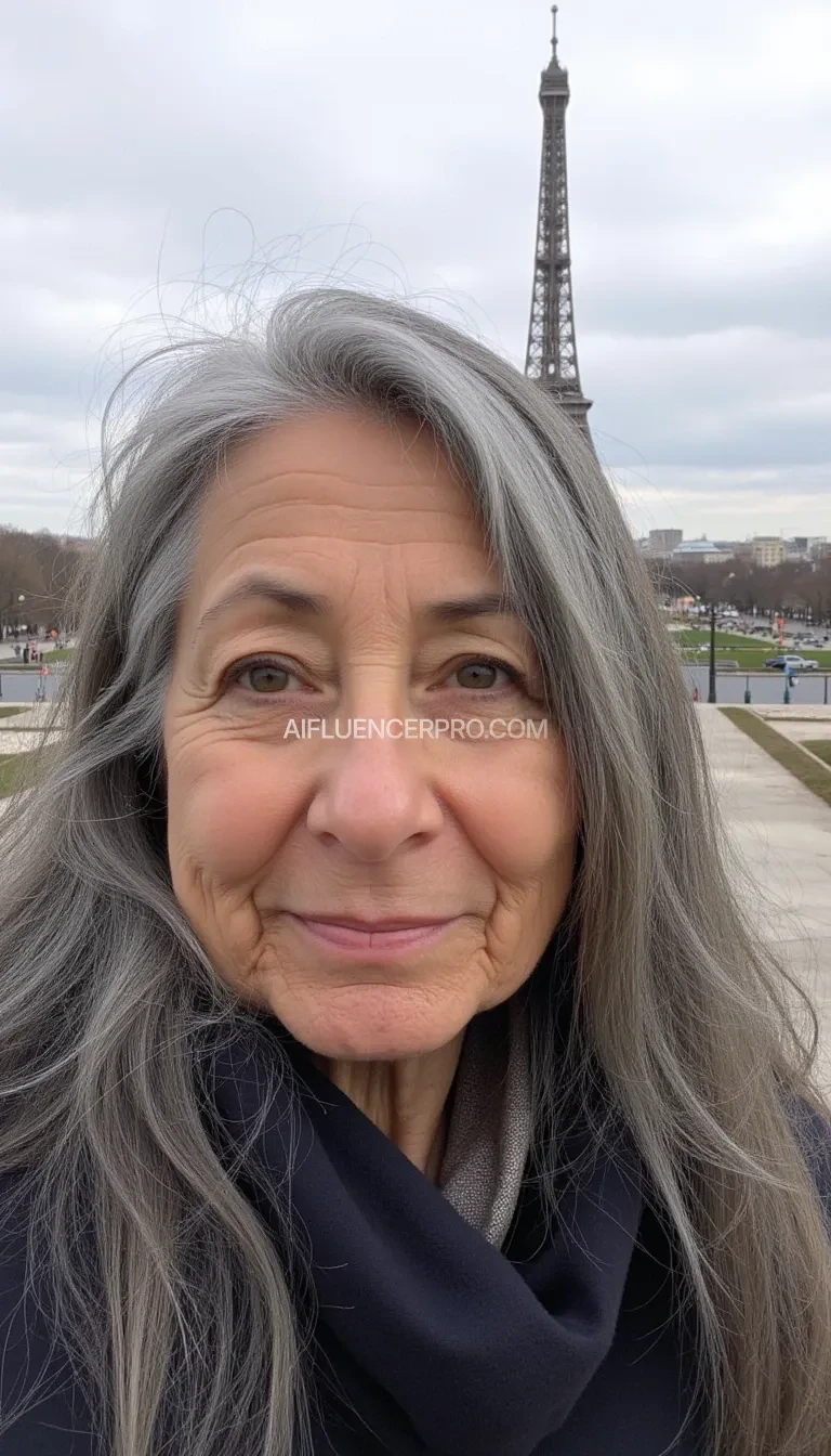 Generate three photorealistic AI-styled images of a 65-year-old woman with long gray hair. The images should depict realistic human-like skin tones while maintaining an AI-generated aesthetic. Avoid glamour or heavily stylized photography; aim for a natural, amateur look in the following scenarios:

A close-up selfie with the Eiffel Tower in the background. Her expression is casual, as if she’s capturing the moment spontaneously. Include subtle Parisian elements like streetlights or distant rooftops.

Each image should have natural lighting and an everyday feel, emphasizing authenticity while clearly showing the generative AI origin.
