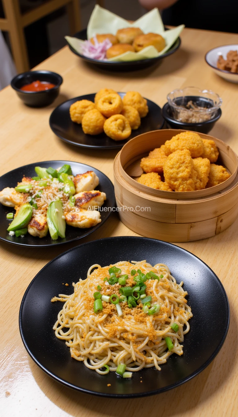 A vibrant and colorful food photography scene showcasing an assortment of Indonesian street food dishes, arranged elegantly on black plates and bamboo steamers on a light wooden table. The table features plates of dry noodles topped with green onions and fried shallots, crispy wontons, steamed dumplings, and fried golden-brown snacks. Small black bowls of red chili sauce accompany the dishes. The setup has a casual dining aesthetic, bright lighting, and sharp focus, emphasizing texture and detail. Perfectly framed for a 4K high-resolution food advertisement.
