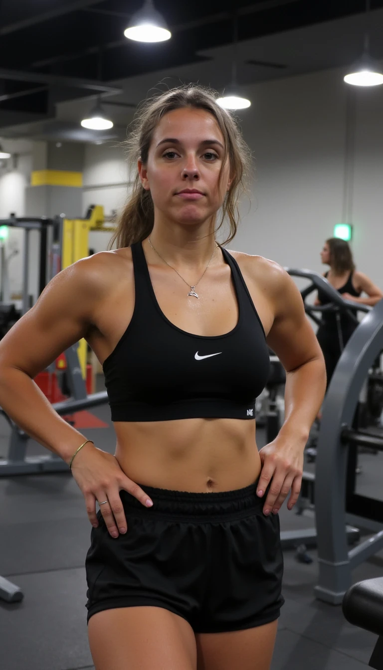 Woman in gym wearing Nike Sports Bra and shorts. 