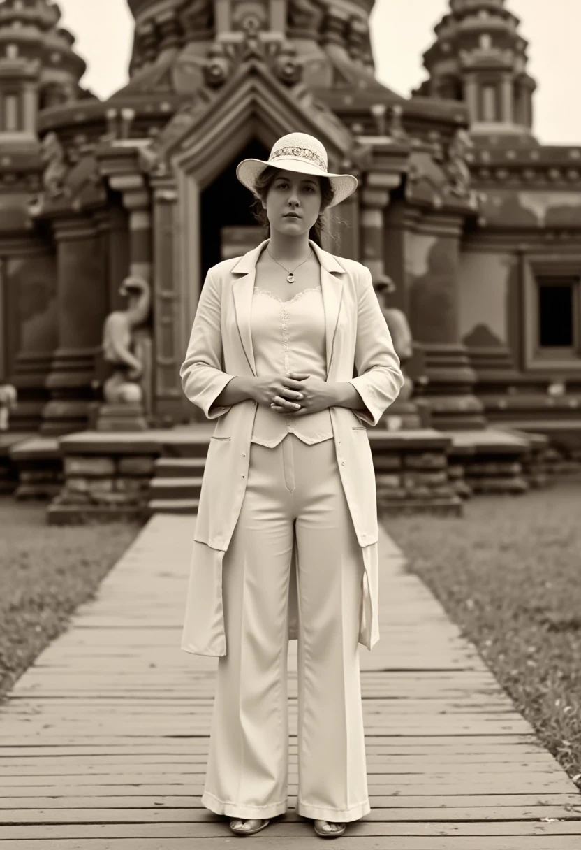 A photo of a woman CSTMDL, hair tied, stands confidently in front of an ancient Cambodian Khmer temple, wearing a vintage 1900 inspired, cream-colored suit with a long coat and wide-legged trousers. She wears a small pendant. The photo is an old black and white type. She dons a vintage white explorer hat adorned with a decorative band, and her hands are gently crossed on her belly. The background features large stone statues and intricate carvings, evoking a sense of historical grandeur. The wooden walkway beneath her adds a touch of rustic charm to the scene.