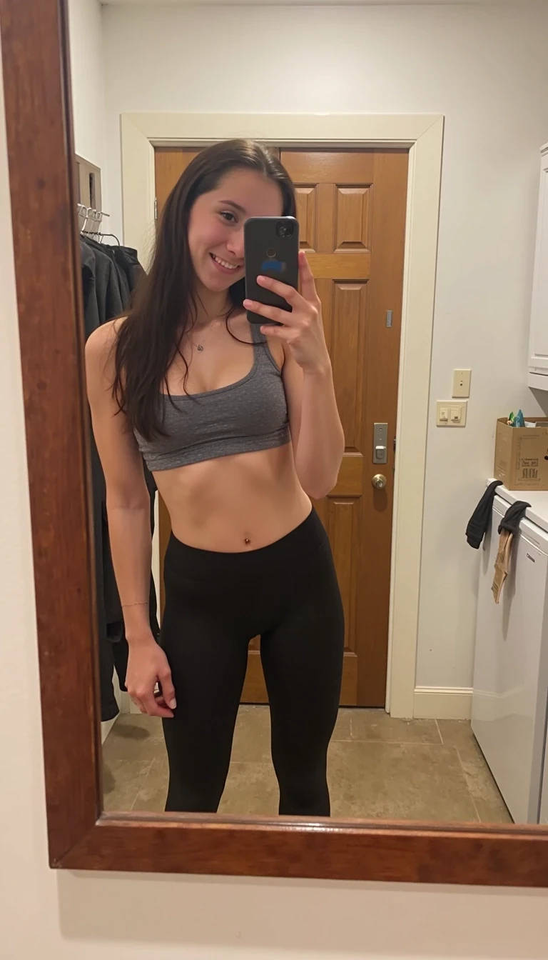 Dark-haired girl CSTMDL in a gym outfit taking an iphone mirror selfie, midriff showing, casual but teasing caption vibe. the iphone is black