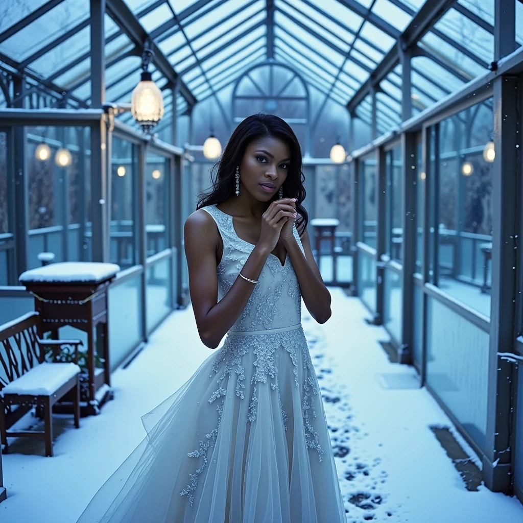 Winter Garden Twilight
Shot on Canon R5, 85mm f/1.2, ISO 400, 1/125 sec. Model in frosted greenhouse wearing Alexander McQueen white structured gown with ice-blue undertones. Light olive brown skin contrasting with surrounding snow-dusted glass walls. Skin texture shows subtle cold-induced flush. Lighting: deep blue twilight through glass ceiling mixed with warm interior spots. Pose references frozen motion, catching snowflakes. Location: Royal Glass House after snowstorm. CSTMDL