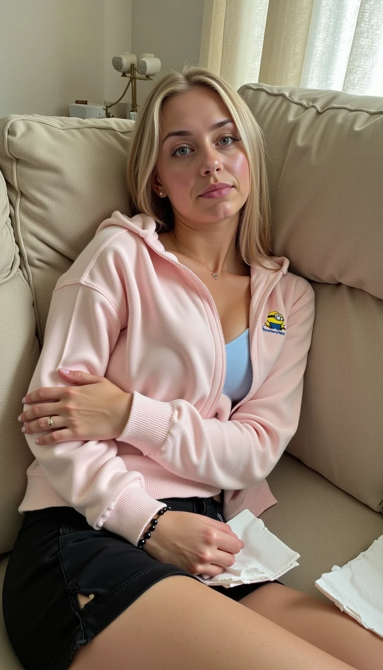 IMG_2019.HEIC, CSTMDL, CSTMDL, Hailey, hyper-realistic photograph of a young woman in her early 20s with fair porcelain skin, long blonde hair styled in a tousled bob, lying on a beige upholstered couch in a cozy living room, her eyes are red like if she is sick with a miserable facial expression, wearing a soft light pink zip-down hoodie with long sleeves and a yellow minion character embroidered on the front pocket, light blue bra, paired with black athletic shorts that expose her toned legs, one arm draped lazily over her stomach with a white napkin while the other hand is holding another napkin, black beaded bracelet on her wrist, no signs of sweat or exertion, background features neutral beige sofa cushions with subtle fabric textures and faint wrinkles, a few other napkins on the sofa, soft natural daylight filtering through an off-frame window casting gentle warm shadows and highlights on her skin and clothing, dominant colors of pastel pink, beige neutrals, white, and deep blacks, overall atmosphere of a person with a cold, medium side-angle shot from a low perspective emphasizing her reclined pose and the intimate home setting, captured with a Canon EOS 5D Mark IV camera using a 50mm prime lens at f/2.8 aperture for shallow depth of field, ISO 100 for crisp clarity, 1/125 shutter speed to freeze subtle details, ultra-detailed textures in the fleecy hoodie fabric, smooth skin pores, and woven couch upholstery, photorealistic rendering so lifelike it blurs the line between image and reality, high-resolution 8k quality with intricate lighting nuances and realistic material reflections
