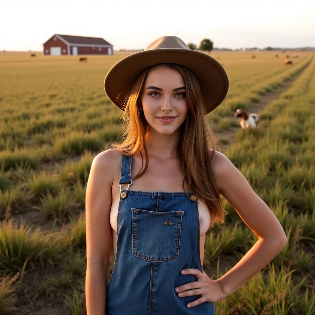 boring low quality snapchat photo circa 2015, young college girl wearing only denim bib in a farmer's hat, standing in a suggestive pose. The scene is set on a farm, with an open field stretching behind her, dotted with crops and a distant barn visible on the horizon. Few scattered farm animals like cows and chickens can be seen grazing and roaming in the background. The light from the setting sun gives a soft orange glow across her face and upper body, casting long shadows across the field. The overall ambiance is relaxed and candid, evoking a casual rural atmosphere.