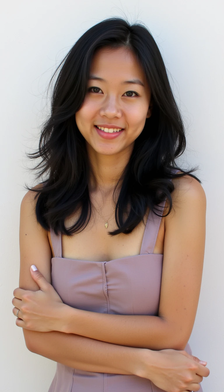 Asian, 25, self portrait in front of a white wall and wearing a dress, women, black hair and wavy and tanned skin 