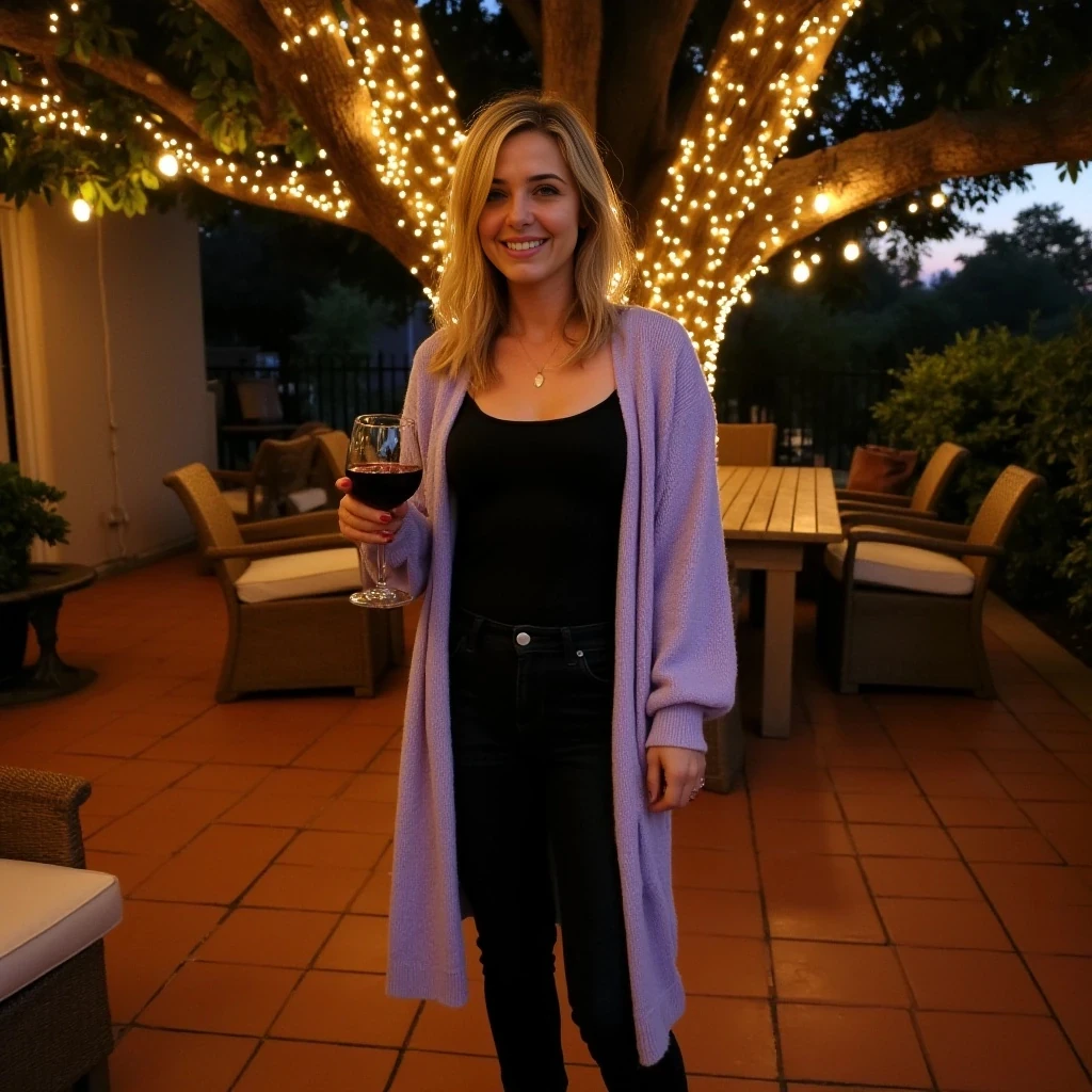 Full-length evening photograph of the same woman standing on a cozy, warmly lit patio. String lights wrap a large oak tree behind her, scattering tiny golden reflections over terracotta tiles and rattan chairs. She wears a soft-textured lavender cardigan open over a simple black camisole, slim high-waisted dark jeans, and ankle boots. She holds a glass of red wine in her right hand, smiling warmly at the camera. Fair skin glowing in the ambient light, clear textures on clothing, skin, and background, rich warm tones, relaxed and inviting vibe.