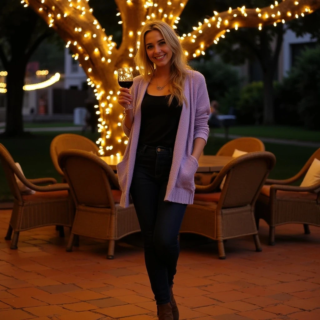 Full-length evening photograph of the same woman standing on a cozy, warmly lit patio. String lights wrap a large oak tree behind her, scattering tiny golden reflections over terracotta tiles and rattan chairs. She wears a soft-textured lavender cardigan open over a simple black camisole, slim high-waisted dark jeans, and ankle boots. She holds a glass of red wine in her right hand, smiling warmly at the camera. Fair skin glowing in the ambient light, clear textures on clothing, skin, and background, rich warm tones, relaxed and inviting vibe.