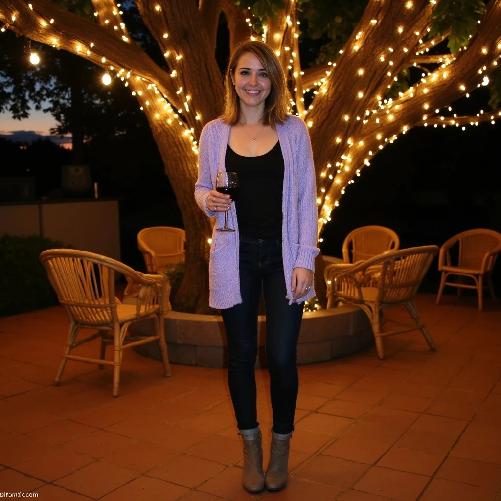 Full-length evening photograph of the same woman standing on a cozy, warmly lit patio. String lights wrap a large oak tree behind her, scattering tiny golden reflections over terracotta tiles and rattan chairs. She wears a soft-textured lavender cardigan open over a simple black camisole, slim high-waisted dark jeans, and ankle boots. She holds a glass of red wine in her right hand, smiling warmly at the camera. Fair skin glowing in the ambient light, clear textures on clothing, skin, and background, rich warm tones, relaxed and inviting vibe.